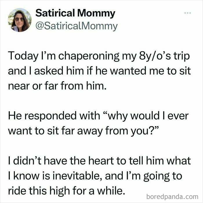 Funny parenting post about a child's sweet response to a question about seating preference on a trip.