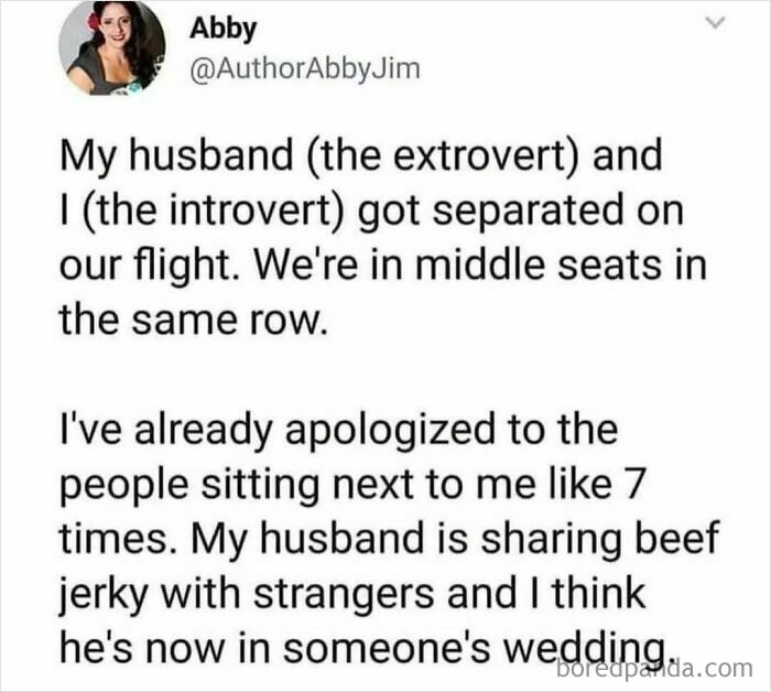 Extrovert husband sharing snacks on flight; introvert wife apologizing repeatedly. Funny parenting post.