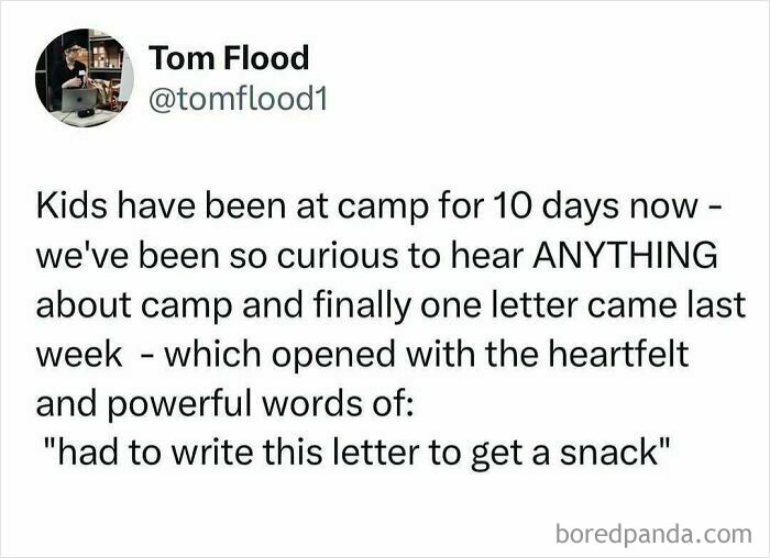 Funny parenting post about a child writing a letter from camp for a snack.