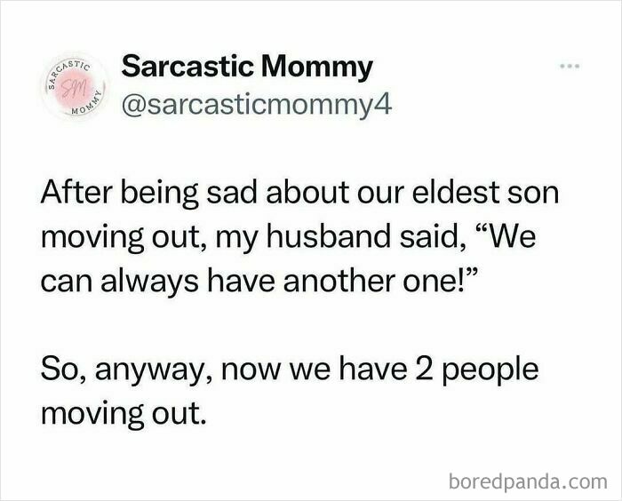 Funny parenting post about eldest son moving out, husband jokes, leading to humorous outcome.