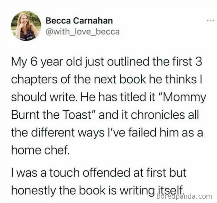 Funny parenting post about a child's book titled "Mommy Burnt the Toast," highlighting humorous parenting moments.