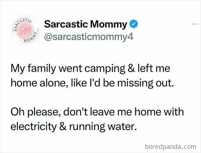 Tweet by Sarcastic Mommy joking about the joys of being left home alone with electricity and running water.