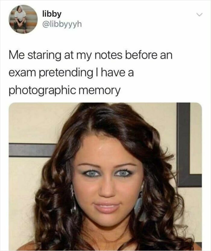 A funny meme about staring at notes before an exam, trying to recall everything like having a photographic memory.