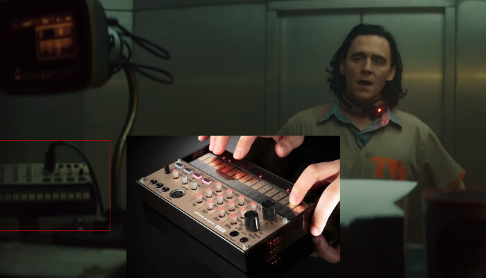 Filmmaker creatively uses a synthesizer as a prop in a film scene with a character in a prison uniform.