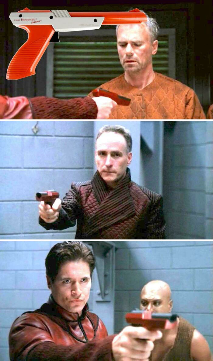 Filmmakers creatively use a Nintendo Zapper as a prop in a sci-fi film scene.