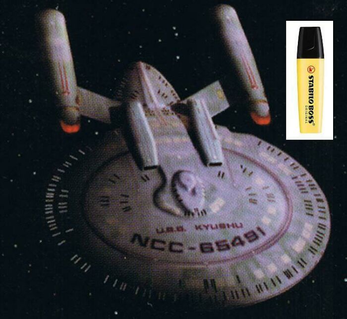 Creative filmmaking prop: a spaceship model paired with a highlighter pen.