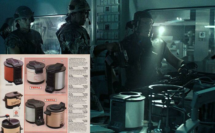 Film scene with soldiers using a kitchen appliance as a creative prop.