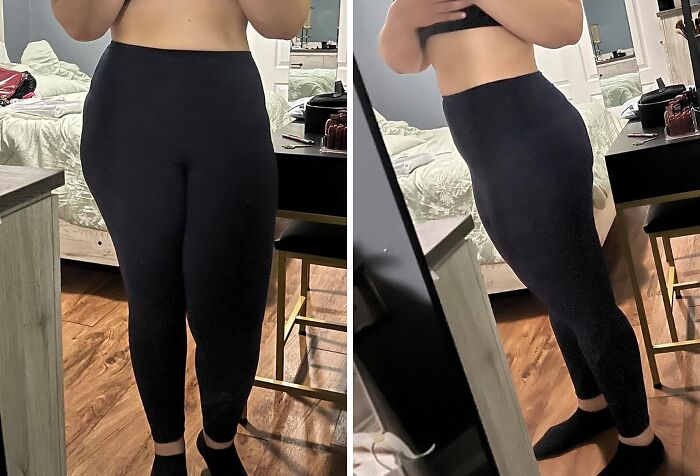 Person in black leggings standing in bedroom, illustrating millennial fashion trends.