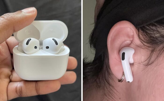Person holding wireless earbuds case; earbud worn in ear, reflecting millennial tech trends.