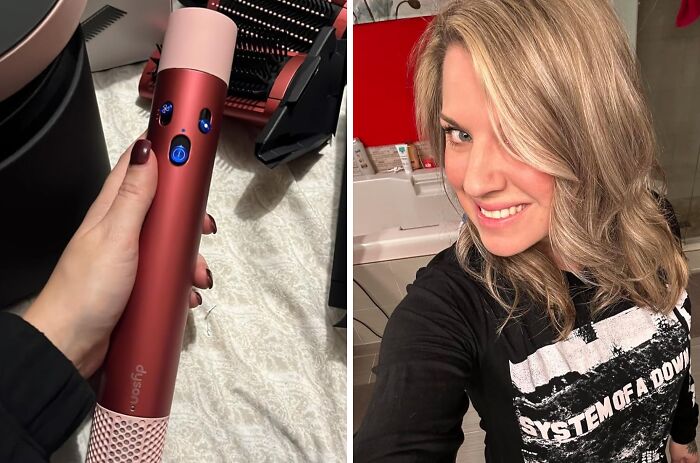 Hair styling tool in hand and a woman smiling with styled hair.