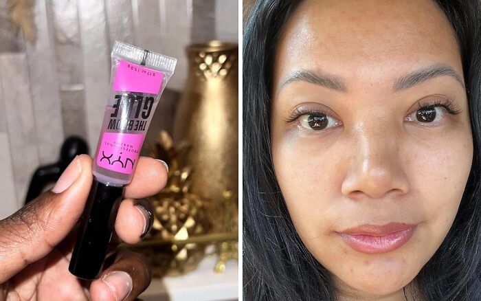 NYX brow glue tube held in hand next to a woman showcasing perfectly styled eyebrows.