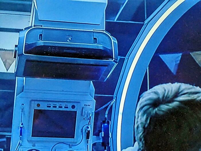 Futuristic film prop resembling advanced medical equipment in a creative sci-fi movie setting.