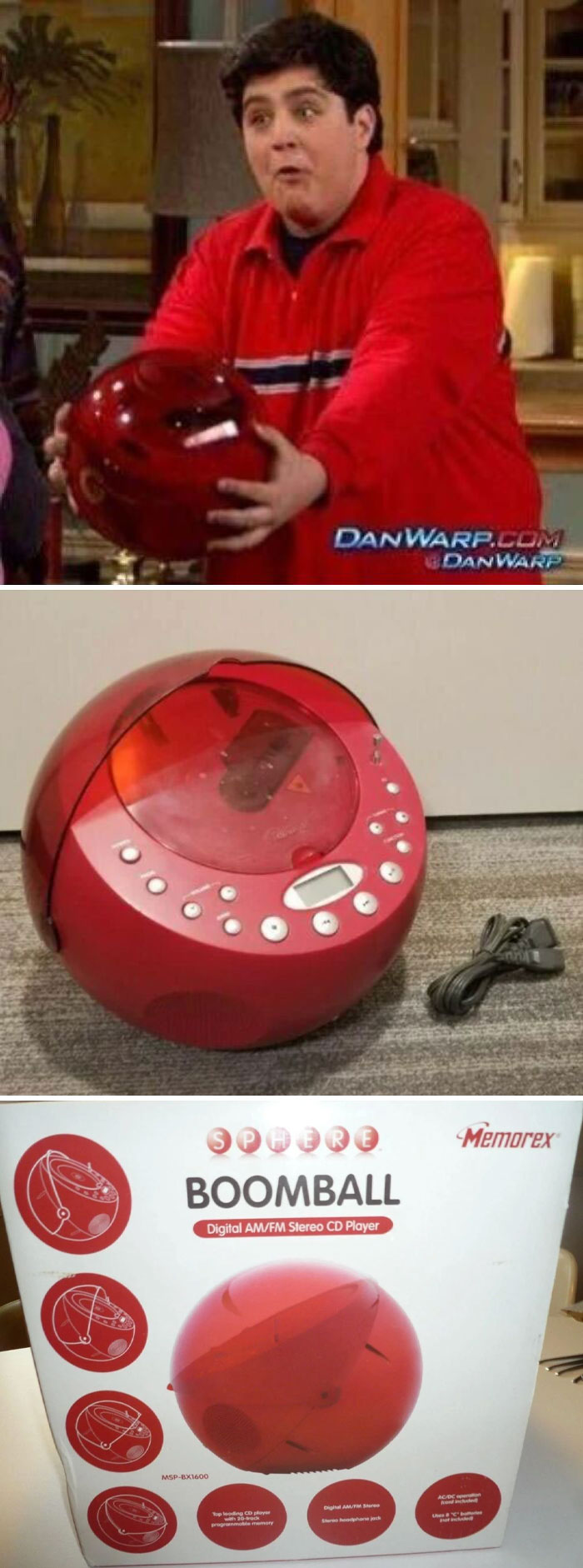 Filmmakers showcase creative props with a red spherical boomball stereo CD player in a comedic scene.