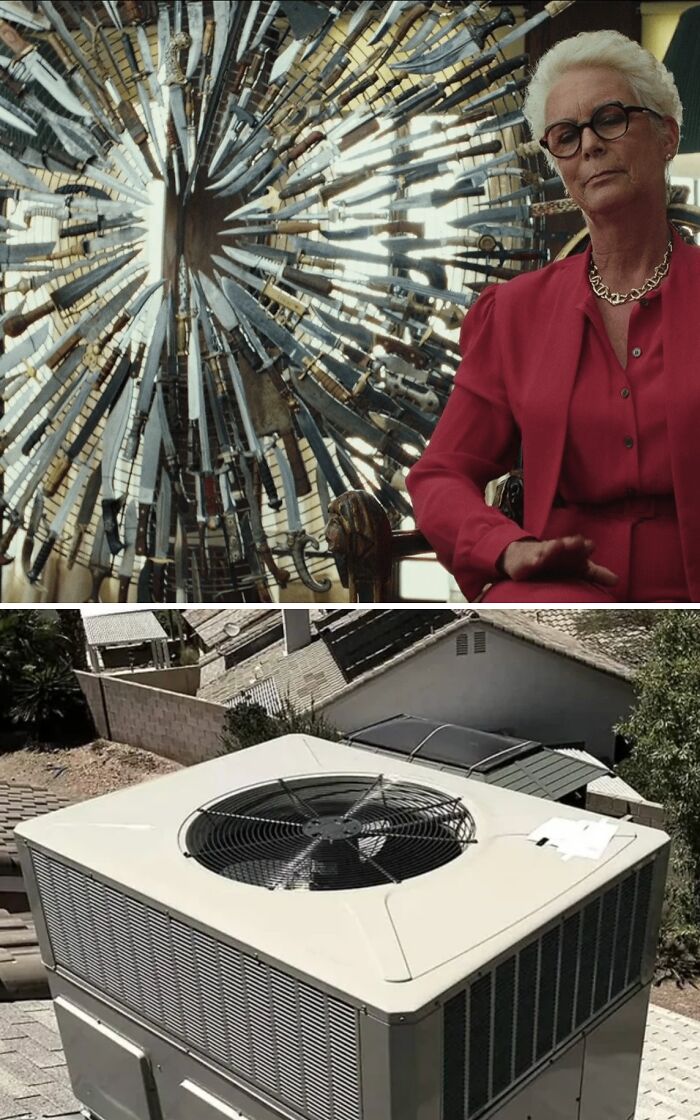 Filmmakers creatively use a knife display as a prop in a room and an air conditioning unit on a rooftop.