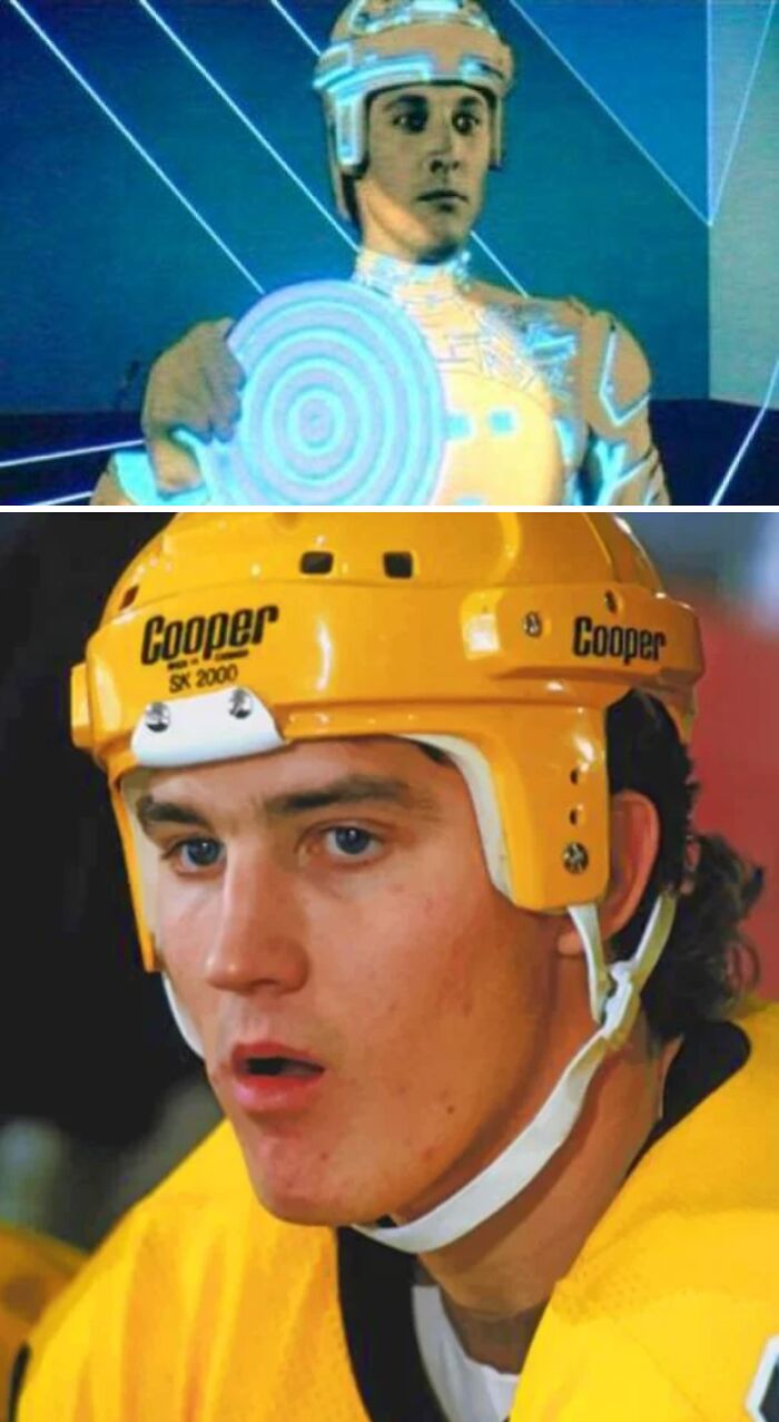 Creative use of props: an actor in futuristic costume and a hockey player in a yellow helmet.