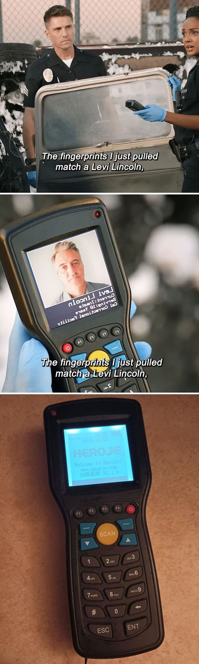 Filmmakers creatively use scanner prop to match fingerprints in a scene.