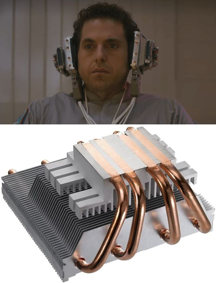 Creative filmmaking prop resembling a tech device worn on man's head.