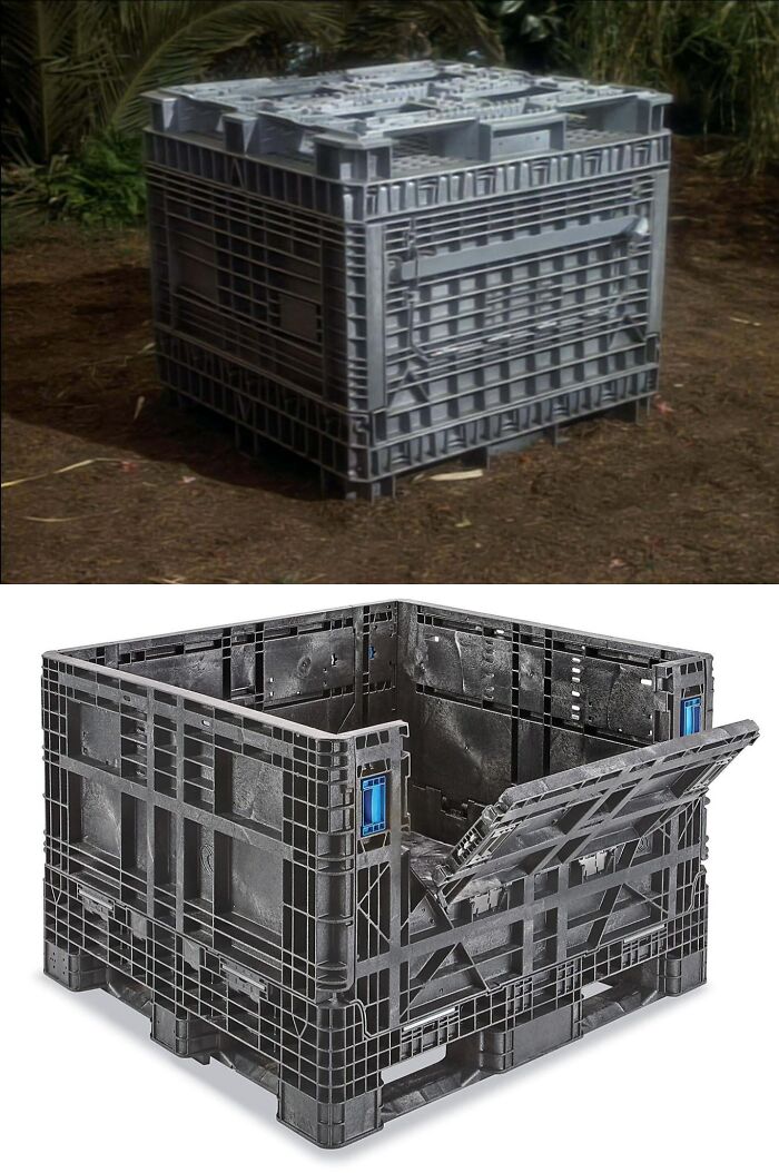 Creative use of shipping container props for filmmaking, showing a closed and open view on set and in studio.