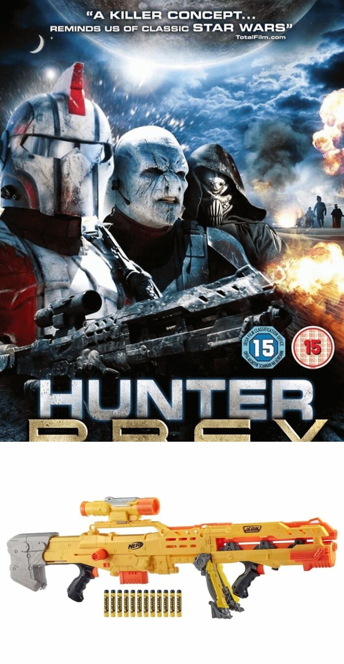 Creative filmmakers use Nerf gun as a sci-fi prop beneath movie poster with armored characters.