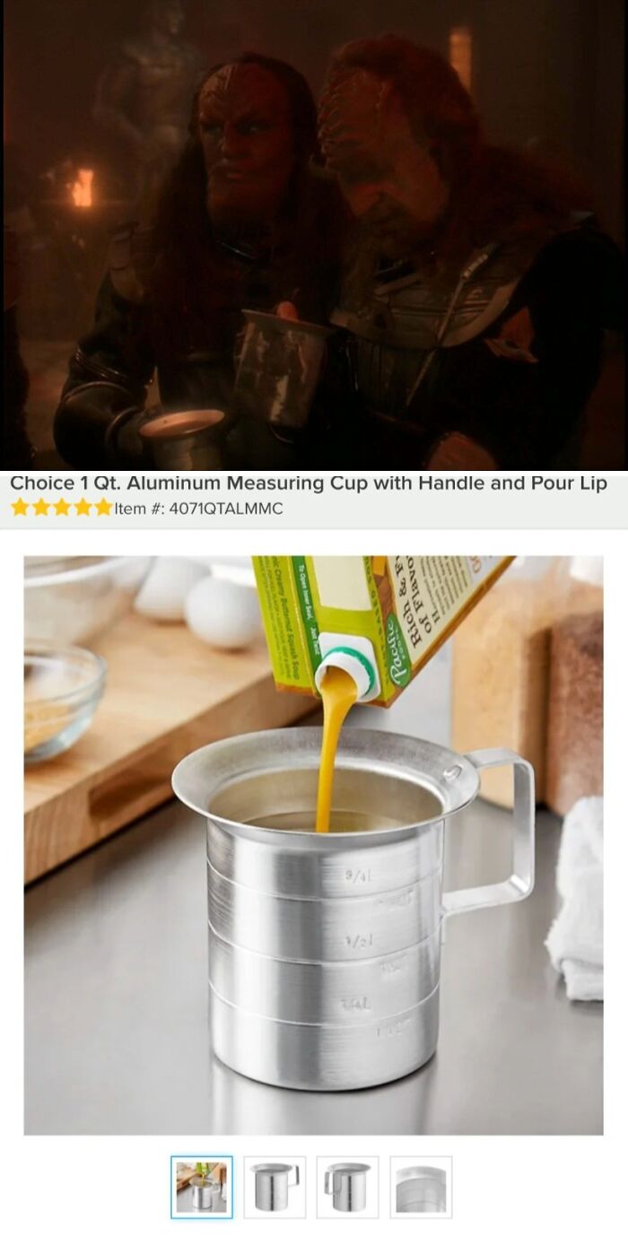 Creative use of aluminum measuring cup as alien prop in film scene.
