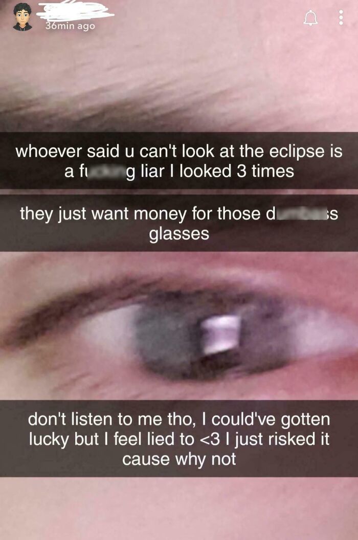 Close-up of an eye with text describing a dangerous eclipse viewing without glasses.