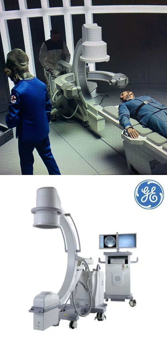 Creative use of medical equipment as film prop in sci-fi scene showing advanced technology.