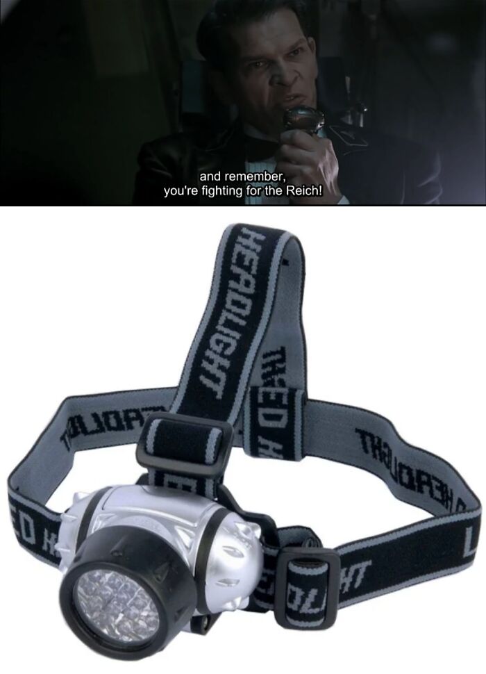 Man speaking into a device; creative filmmaker prop resembles a headlamp, highlighting innovative use.