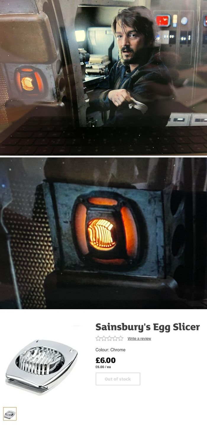 Filmmakers use egg slicer as spaceship control switch in creative prop setup.