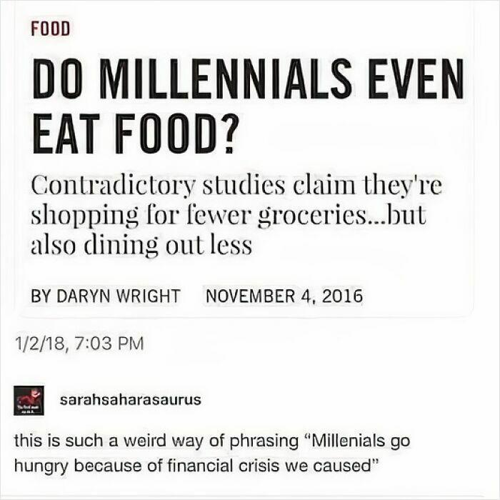 Millennials' eating habits questioned in context of capitalism, highlighting struggle with grocery and dining choices.