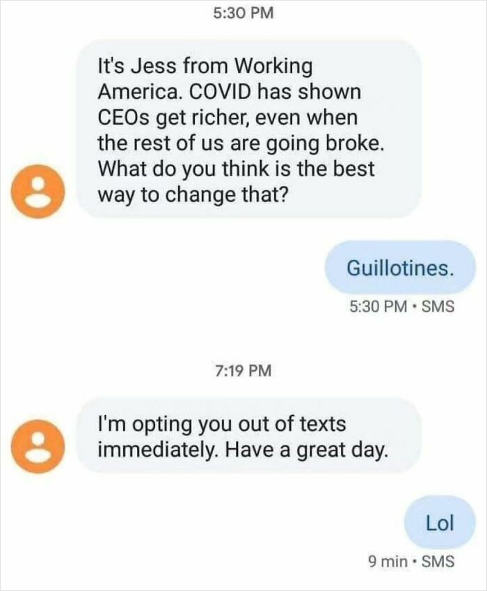 Text message exchange expressing anti-work sentiment on capitalism, discussing COVID-19's impact on wealth disparity.
