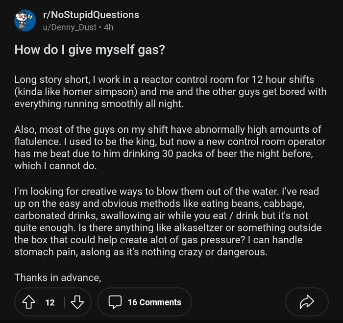 Post about seeking humorous ways to increase flatulence at work for fun among coworkers.