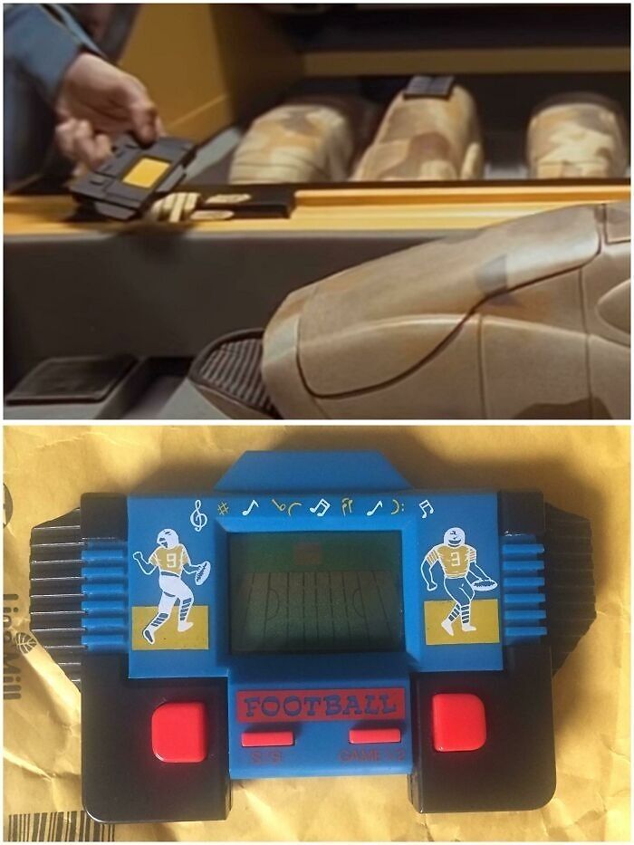 Creative filmmaking props: a digital storage device and a retro handheld football game.