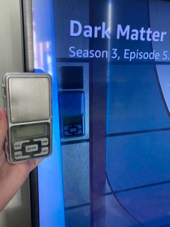 Creative filmmakers use a small scale as a prop in a TV show, matching scenes from "Dark Matter" Season 3, Episode 5.