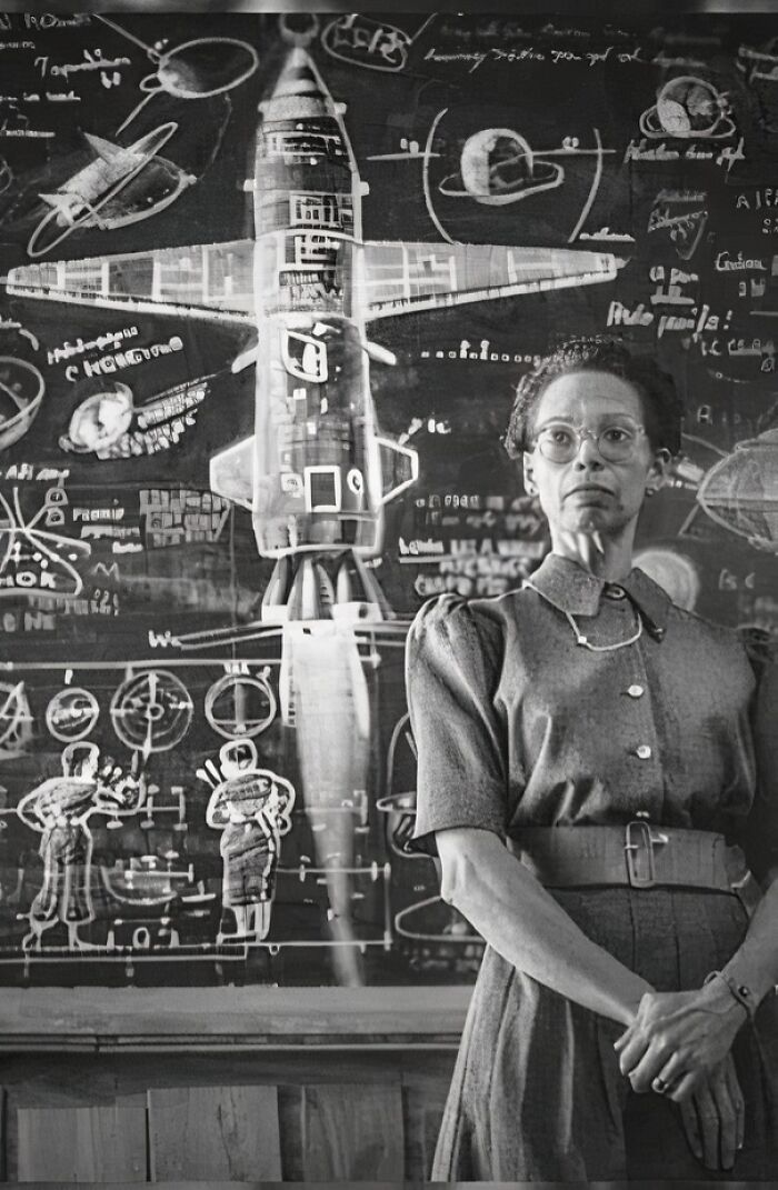 Woman in front of chalkboard with detailed spacecraft drawing, embodying fascinating old photos theme for history enthusiasts.