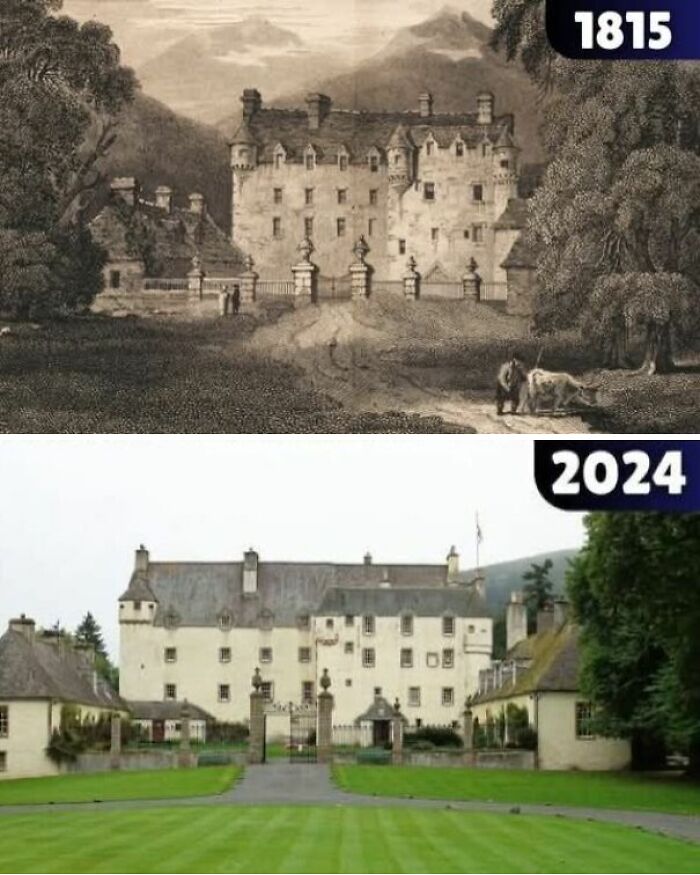 Historic comparison of a castle from 1815 and 2024 for history enthusiasts.