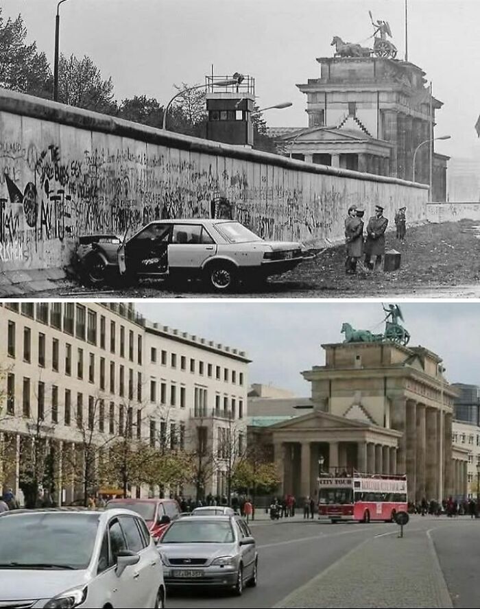 Before-and-after photos of Berlin Wall's Brandenburg Gate, showing historical transformation.