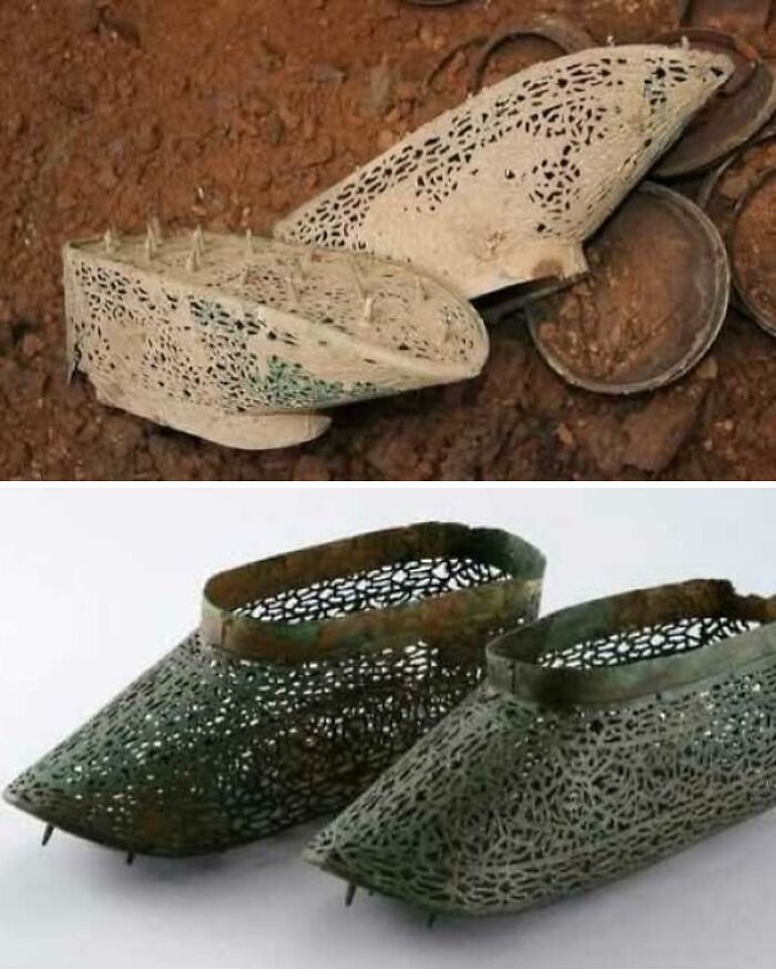 Antique leather shoes with intricate patterns, uncovered on a site, shared by history enthusiasts online.