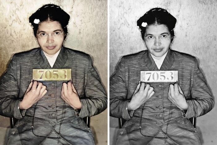 Woman holding a '7053' number sign in a historical photo, presented in both colorized and black-and-white versions.
