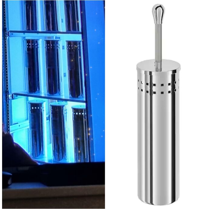 Creative filmmakers use a metallic toilet brush holder as a sci-fi movie prop.