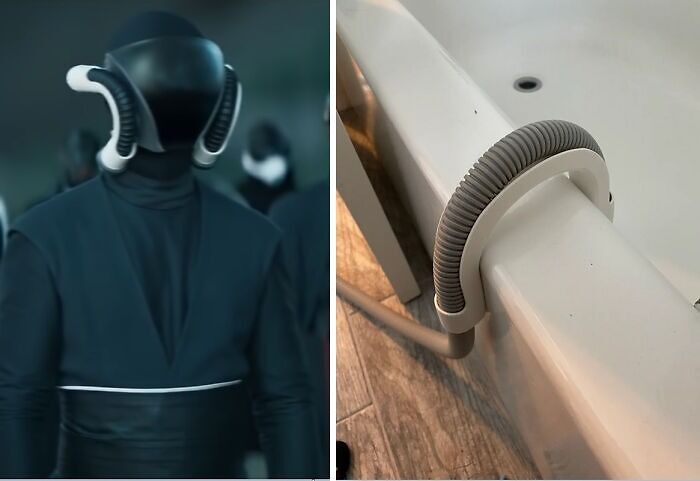 Creative use of bathtub handle as sci-fi costume prop showcasing filmmakers' inventive prop design.