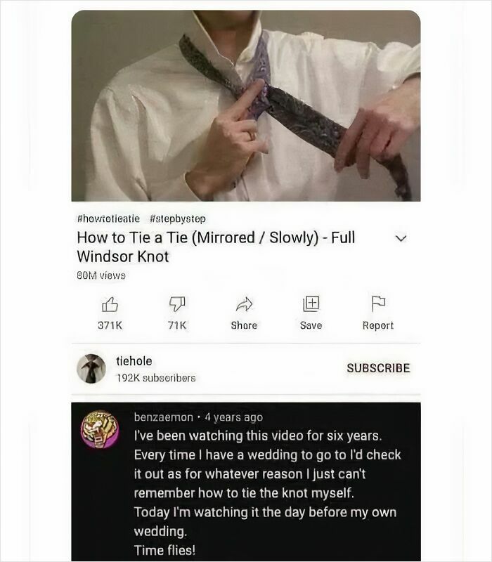 Funny meme of a man tying a tie with a humorous YouTube comment about revisiting the video before weddings.