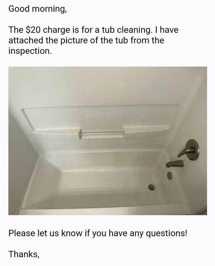 A bathtub with a $20 cleaning charge listed by a landlord in an inspection email.
