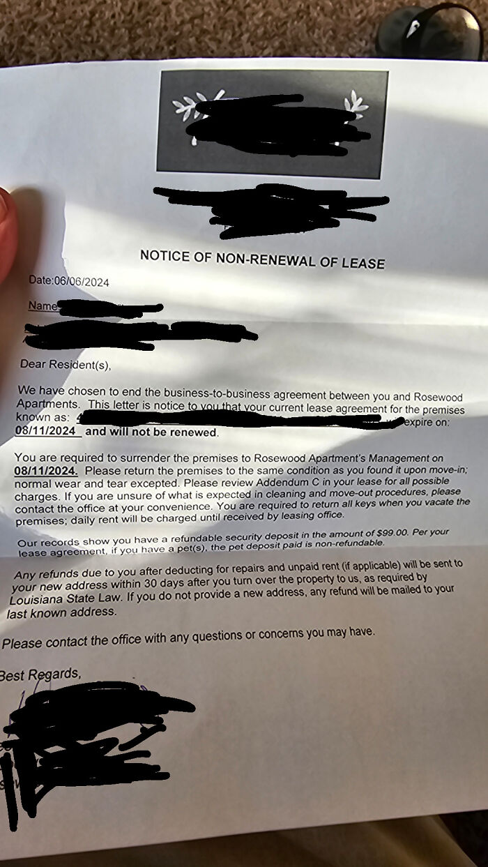 Notice of lease non-renewal letter from landlord, outlining end of tenancy details and security deposit information.