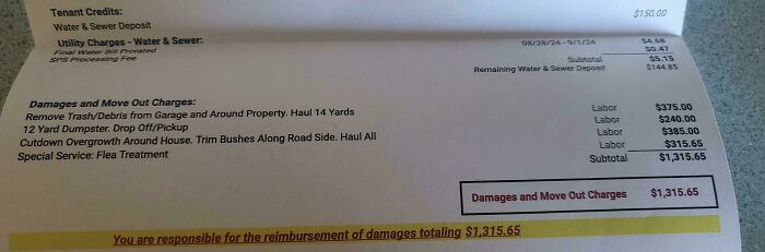 Invoice detailing tenant charges from landlords, including damages and move-out fees totaling $1,315.65.