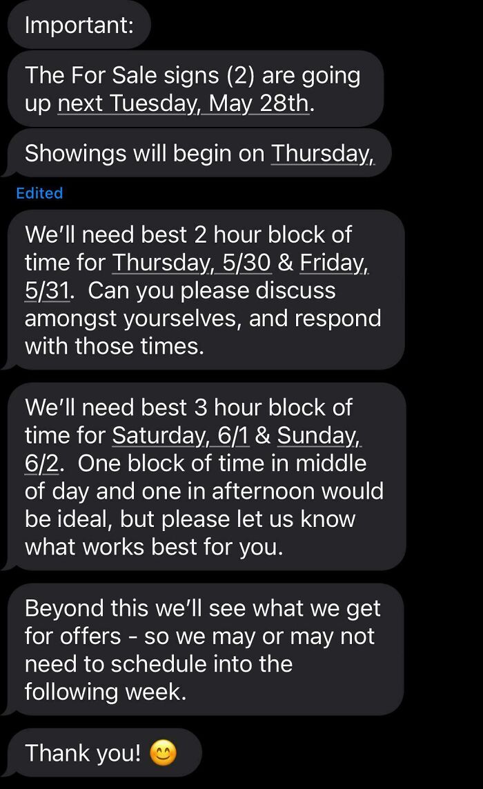 Text exchange with landlord discussing scheduling for home showings, dates provided for tenant coordination.