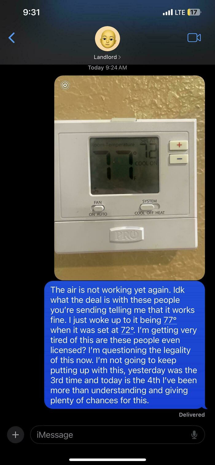 Text conversation with landlord about broken air conditioning, displaying thermostat reading 77°F instead of 72°F.