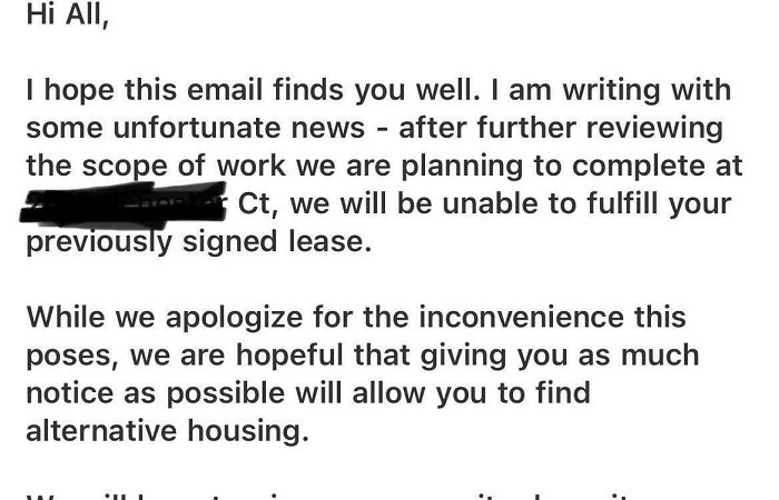 Email from a landlord canceling a lease, apologizing for inconvenience and suggesting alternative housing.
