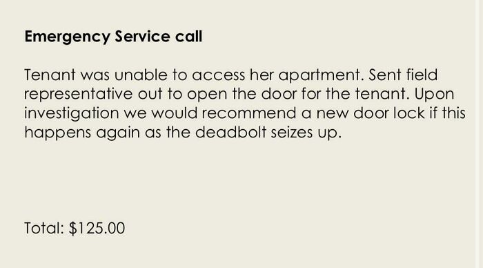 Emergency service call detailing tenant's locked door issue with a $125 charge; highlights landlord challenges.