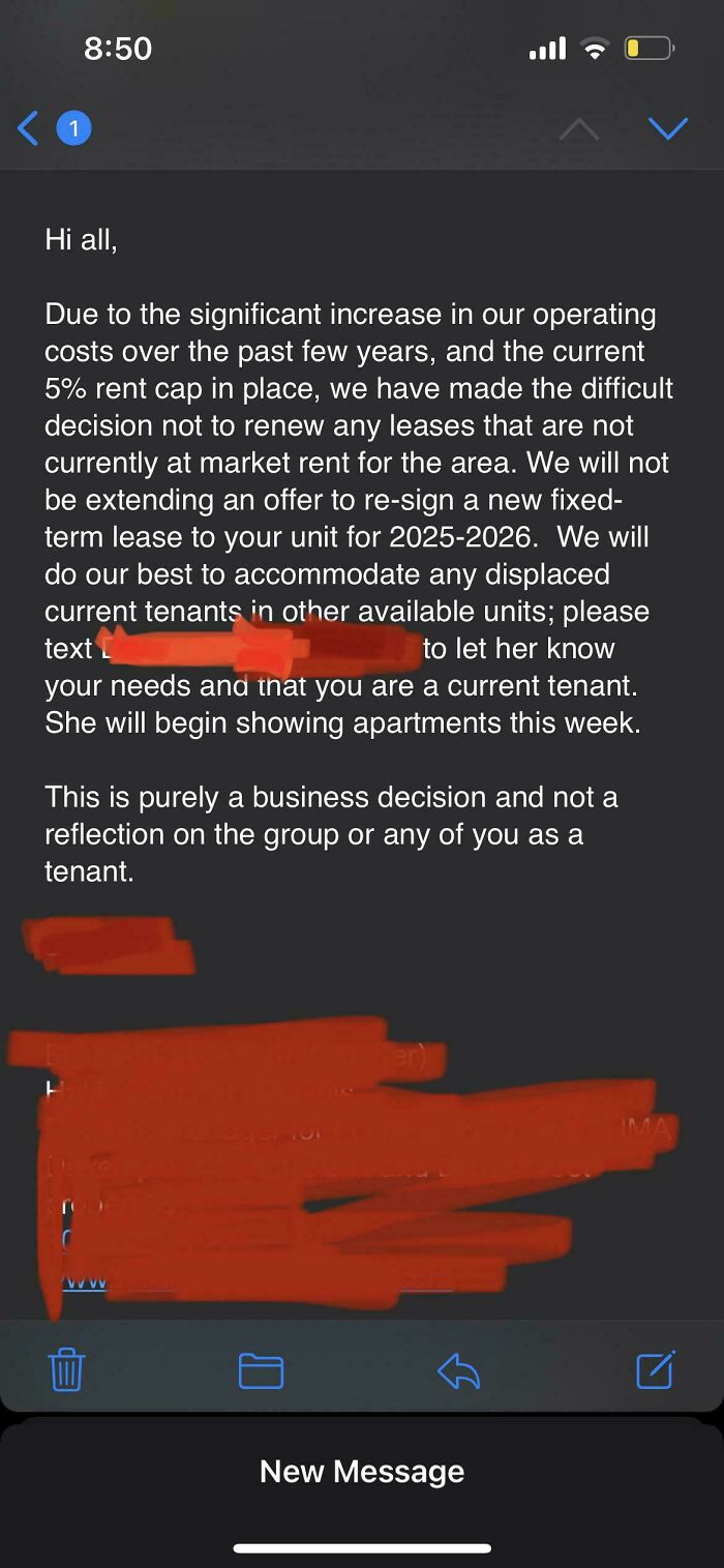 Email from a landlord explaining non-renewal of leases due to rent cap issues.