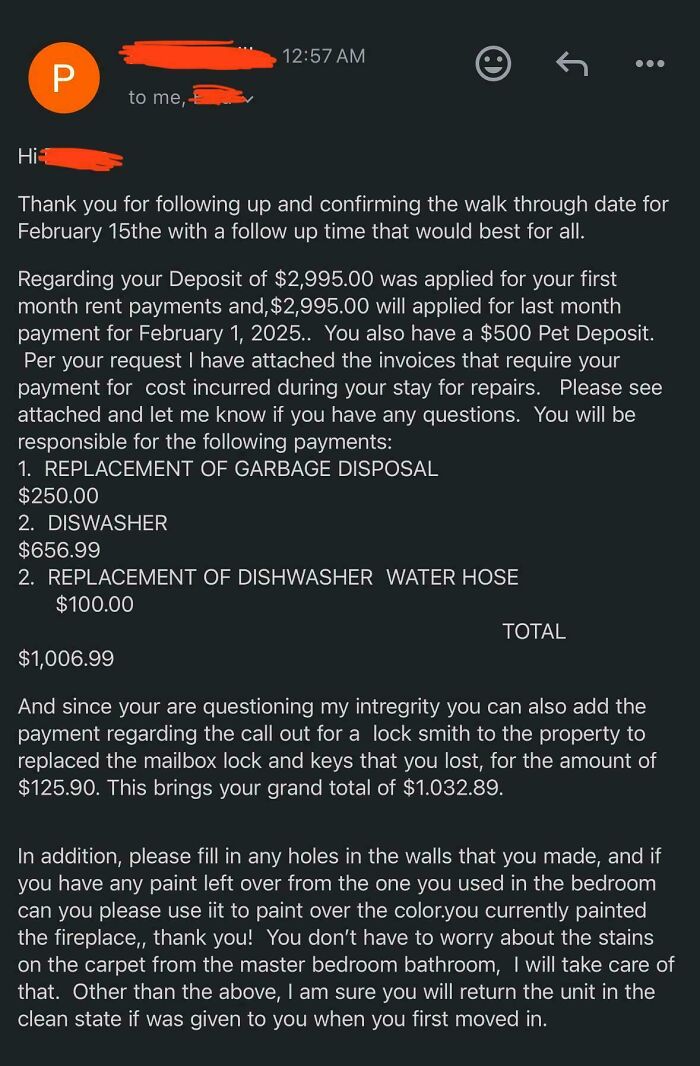 Email listing costs and deductions from tenant deposit by landlord.
